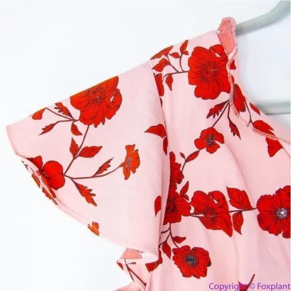 Adrianna Papell warm pink red floral print high low flutter sleeve dress size 14 - Picture 10 of 16